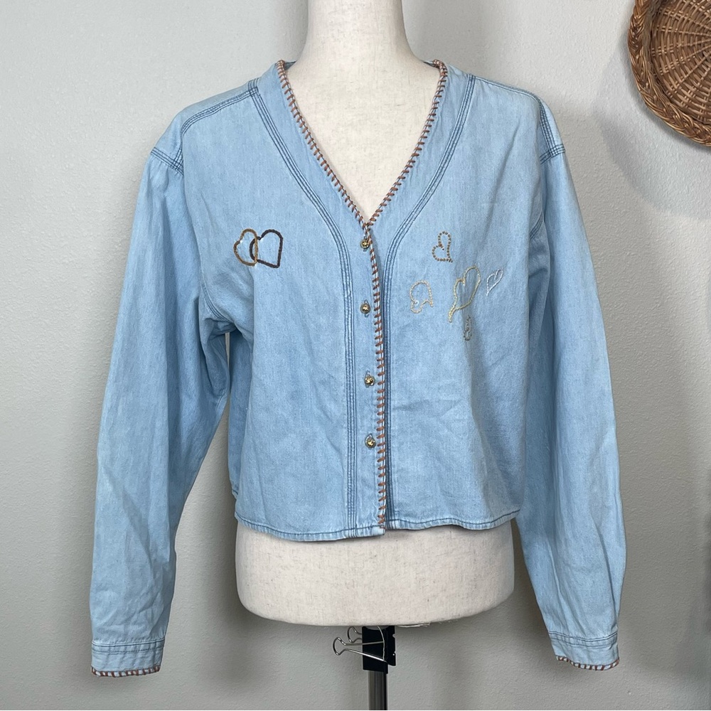 Vintage Upcycled Redone Embroidered Denim Cropped Button Up Shirt Blouse Size M